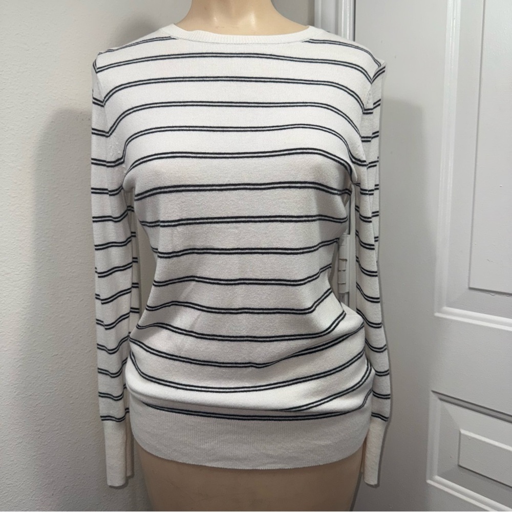 Worthington White and Black Striped Crewneck Sweater Size M